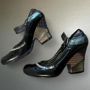 Bobbi Blu Y2K Black Mary Jane Heels Mixed Metallic Patchwork Artsy Chunky Heel